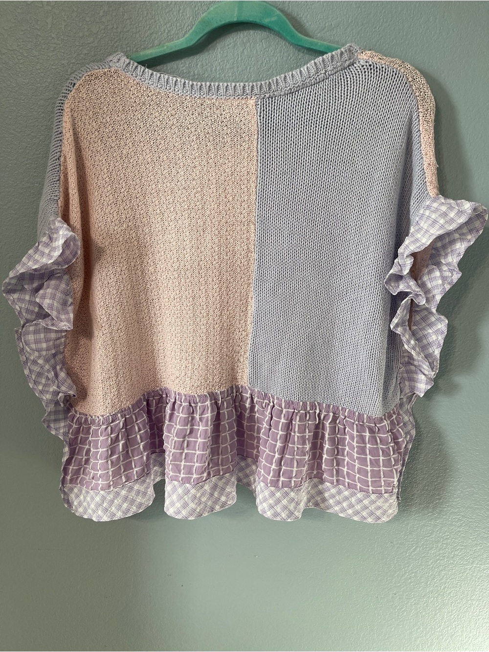 Easel Los Angeles Pastel Patchwork Knit Top Ruffle Plaid Oversized Boho Small - Picture 2 of 5